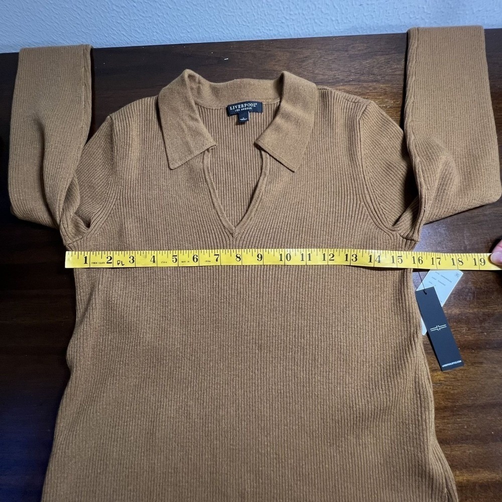 Liverpool Ribbed V-Neck Polo Sweater Large Preppy Euro Autumn Brown Luxe Paris - Picture 8 of 13